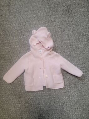 GAP Baby Knit Hooded Cardigan in Pale Pink W/ Teddy Bear Ear Accents- 6-12month